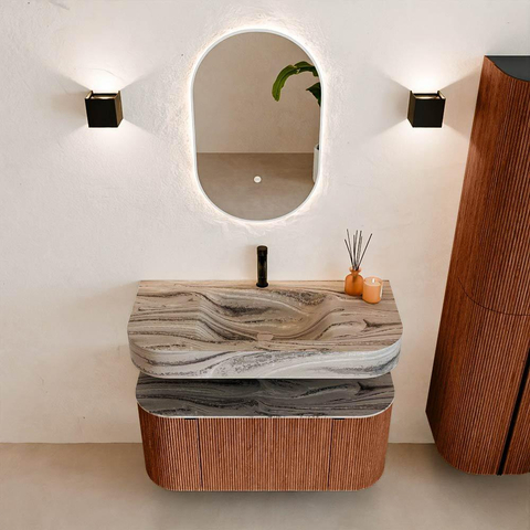 MONDIAZ THOR-DLUX 100cm meuble de salle de bains arrondi gauche + droite couleur Ruby avec 1 tiroir et 2 portes. Vasque suspendue CLOUD Milieu 1 trou de robinet couleur Sombra. SW1467628