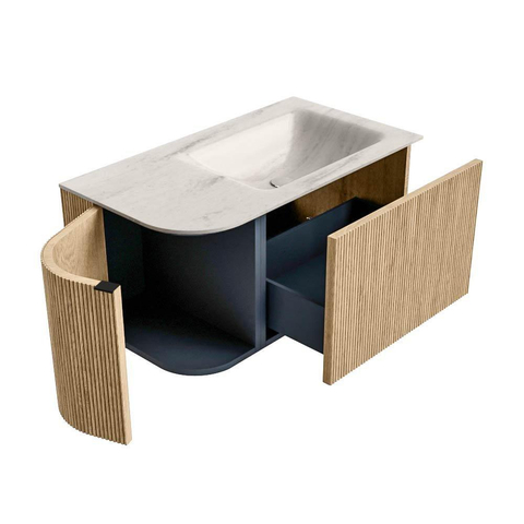 MONDIAZ KURVE-DLUX 85cm badmeubel ronding Links kleur Oak met 1 lade en 1 deur. Wastafel CLOUD Rechts 1 kraangat Meli. SW1431559