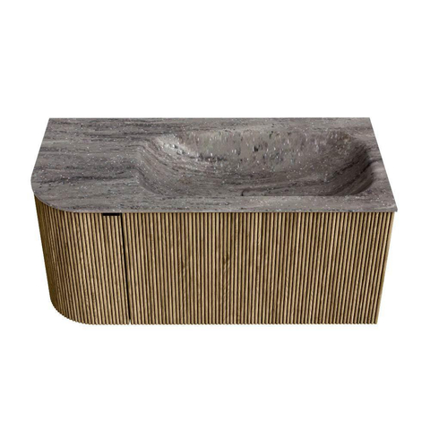 MONDIAZ KURVE-DLUX 95cm badmeubel ronding Links kleur Dusk met 1 lade en 1 deur. Wastafel BIG SMALL Rechts zonder kraangat Oza. SW1432953