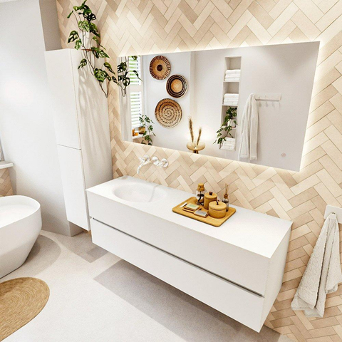 MONDIAZ VICA meuble sous lavabo 150cm Talc 2 tiroirs. Lavabo MOON gauche sans trou de robinet, couleur Talc. SW1381874