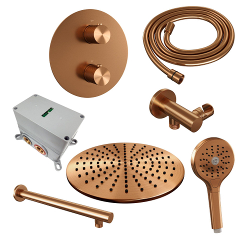 BRAUER Copper Carving douche de pluie encastrée thermostatique - 3 voies - ronde - set 80 - pomme de douche 30cm - bras mural droit - douchette 3 jets - flexible de douche - coude d'alimentation mural - cuivre brossé PVD SW1159224