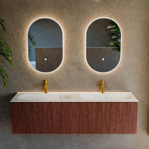 Mondiaz KURVE ensemble de meuble de salle de bains - 150x46x40cm - 2 tiroirs - lavabo solid surface - double - 2 trous de robinet - Ruby SW1415343