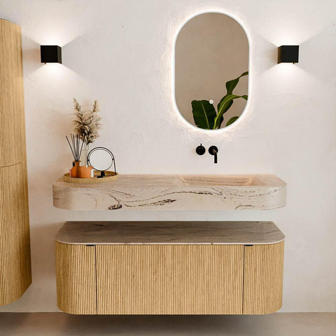 MONDIAZ THOR-DLUX 130cm meuble de salle de bains arrondi gauche + droite couleur Oak avec 1 tiroir et 2 portes. Vasque suspendue CLOUD droite sans trou de robinet couleur Arena. SW1463775