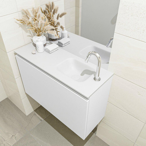 MONDIAZ OLAN Toiletmeubel 80x30x40cm met 1 kraangaten 1 lades talc mat Wastafel Lex rechts Solid Surface Wit SW473222