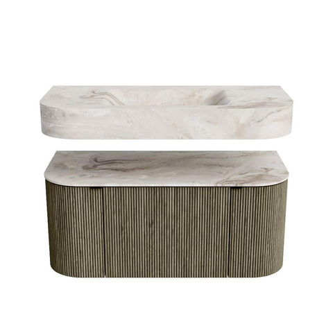 MONDIAZ THOR-DLUX 100cm meuble de salle de bains arrondi gauche + droite couleur Shadow avec 1 tiroir et 2 portes. Vasque suspendue CLOUD Milieu 1 trou de robinet couleur Frappe. SW1467437