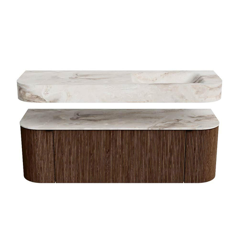 MONDIAZ THOR-DLUX 140cm badmeubel ronding links + rechts kleur Walnut met 1 lade en 2 deuren. Vrijhangende wastafel CLOUD Rechts zonder kraangat kleur Frappe. SW1463938