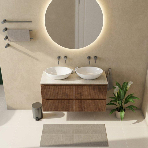 Saniclass Holz Atelier Badkamermeubelset - 120x45x63cm - Travertine natuurstenen topblad - zonder kraangat - 2 lades - mat walnut pure (hout) SW1478877