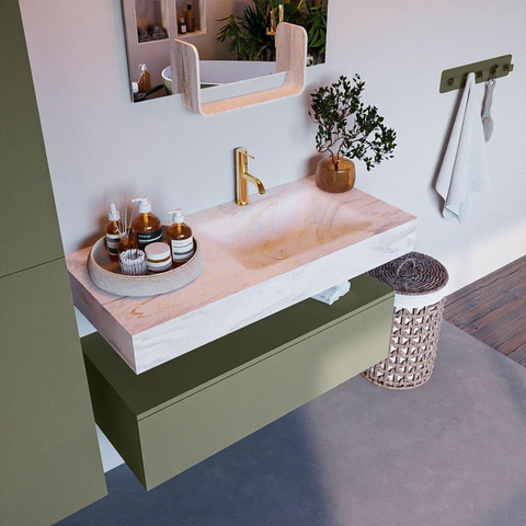 Mondiaz ALAN-DLUX Ensemble de meuble - 100cm - meuble Army mat - 1 tiroir - Lavabo Cloud Ostra suspendu - vasque Droite - 1 trou de robinet SW807540