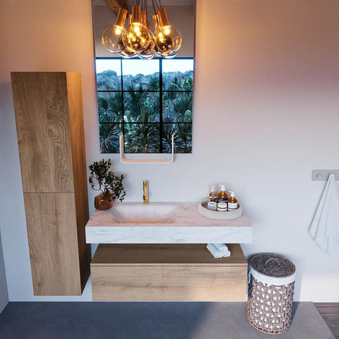 Mondiaz ALAN-DLUX Ensemble de meuble - 110cm - meuble Washed Oak mat - 1 tiroir - Lavabo Cloud Opalo suspendu - vasque Gauche - 1 trou de robinet SW808957