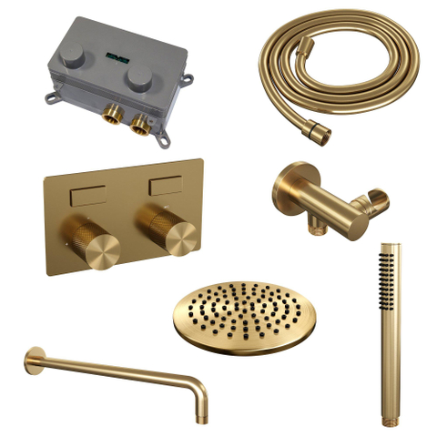 BRAUER Gold Carving Douche de pluie thermostatique encastrée - boutons-poussoirs - SET 51 - tête de douche 20cm - bras mural courbé - douchette à main stick - flexible de douche - coude de raccordement mural - or brossé PVD SW925625