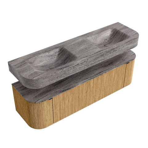 MONDIAZ THOR-DLUX 160cm meuble de salle de bains arrondi gauche + droite couleur Oak avec 1 tiroir et 2 portes. Vasque suspendue CLOUD Double 2 trous de robinet couleur Oza. SW1465282