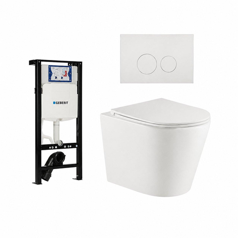 QeramiQ Dely Ensemble WC - 36.3x51.7cm - cuvette profonde - rimless - Réservoir encastré avec mécanisme de chasse Geberit UP320 - abattant WC à fermeture douce - plaque de commande blanche mate - boutons ronds - blanc mat SW1413235