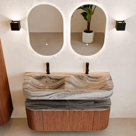 MONDIAZ THOR-DLUX 120cm badmeubel ronding links + rechts kleur Ruby met 1 lade en 2 deuren. Vrijhangende wastafel CLOUD Dubbel 2 kraangaten kleur Sombra. SW1463650