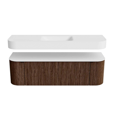 MONDIAZ THOR 150cm badmeubel ronding links + rechts kleur Walnut met 1 lade en 2 deuren. Vrijhangende wastafel CLOUD Midden zonder kraangat kleur Talc. SW1464625