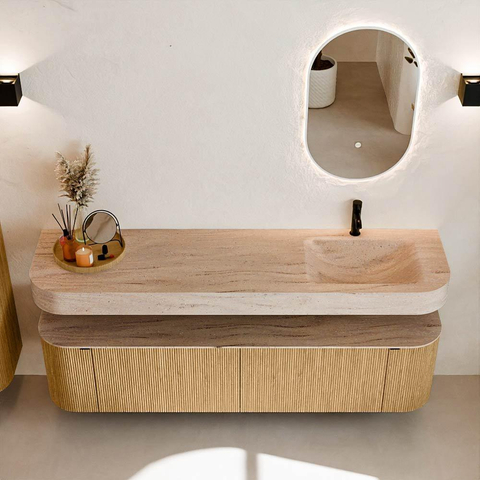 MONDIAZ THOR-DLUX 180cm meuble de salle de bains arrondi gauche + droite couleur Oak avec 2 tiroirs et 2 portes. Vasque suspendue CLOUD Droite 1 trou de robinet couleur Saba. SW1466326
