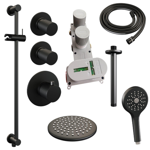 Ensemble de douche pluie encastré Brauer Black Carving - douche principale 20 cm - bras plafond - 3 boutons avec relief - douchette ronde 1 fonction - noir mat SW716203