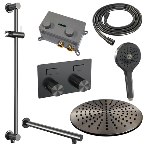 BRAUER Gunmetal Carving ensemble de douche pluie encastré – douche de tête Ø 30 cm – bras mural droit 39.4 cm – douchette ronde – avec inverseur SW925701