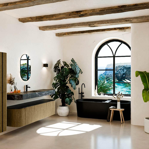 MONDIAZ THOR-DLUX 180cm meuble de salle de bains arrondi gauche + droite couleur Dusk avec 2 tiroirs et 2 portes. Vasque suspendue CLOUD Milieu 1 trou de robinet couleur Lava. SW1466012