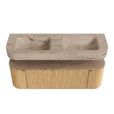 MONDIAZ THOR-DLUX 140cm badmeubel ronding links + rechts kleur Oak met 1 lade en 2 deuren. Vrijhangende wastafel CLOUD Dubbel 2 kraangaten kleur Arena. SW1464391