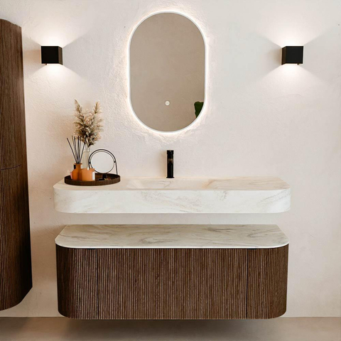 MONDIAZ THOR-DLUX 130cm badmeubel ronding links + rechts kleur Walnut met 1 lade en 2 deuren. Vrijhangende wastafel CLOUD Midden 1 kraangat kleur Ostra. SW1463622