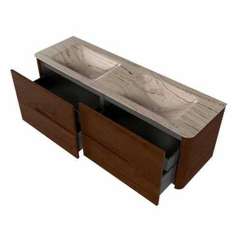 Mondiaz CIRO-DLUX Badkamermeubelset - 150x45x50cm - Solid surface wastafel Arena - 2 wasbak Dubbel - 2 kraangaten - 4 lades - Ruby SW1531714
