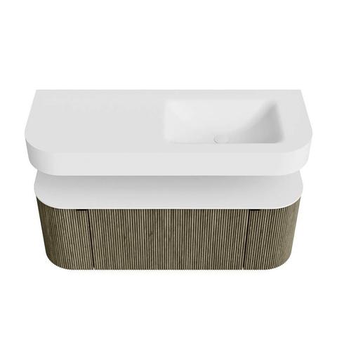 MONDIAZ THOR 120cm meuble de salle de bains arrondi gauche + droite couleur Shadow avec 1 tiroir et 2 portes. Vasque suspendue CLOUD Droite 1 trou de robinet couleur Talc. SW1463165