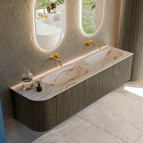 MONDIAZ KURVE-DLUX 175cm badmeubel ronding Links kleur Shadow met 2 lades en 1 deur. Wastafel STOR SMALL Dubbel / Rechts zonder kraangat Nata. SW1432448
