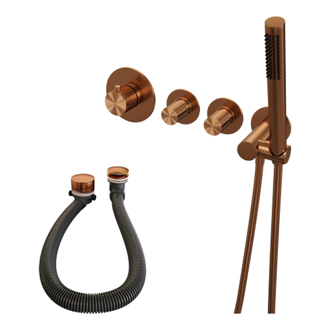 BRAUER Stripe Mitigeur thermostatique de baignoire - SET 01 - encastré - combinaison de remplissage de baignoire - douchette à main sur barre - flexible de douche - coude mural - cuivre brossé PVD SW1434906
