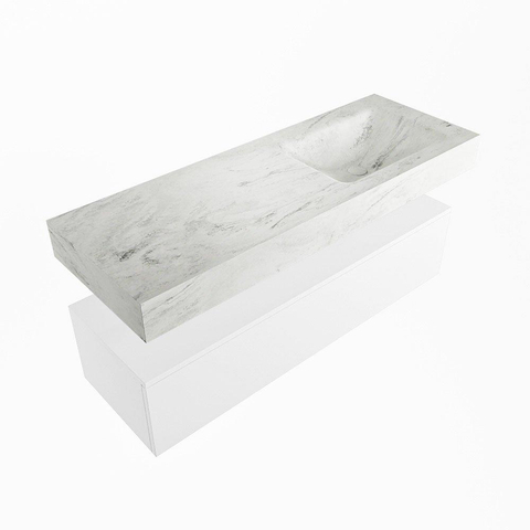 Mondiaz ALAN-DLUX Ensemble de meuble - 130cm - meuble Talc mat - 1 tiroir - Lavabo Cloud Opalo suspendu - vasque Droite - 1 trou de robinet SW806202