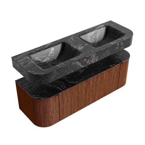 MONDIAZ THOR-DLUX Meuble de salle de bains 140cm arrondi gauche + droite couleur Ruby avec 1 tiroir et 2 portes. Vasque suspendue CLOUD Double 2 trous de robinet couleur Lava. SW1464083