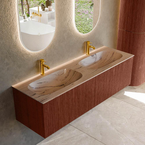 MONDIAZ KURVE-DLUX Meuble de salle de bains 150cm couleur Ruby avec 2 tiroirs et 0 porte. Plan-vasque STOR SMALL Double 2 trous de robinet Arena. SW1431550