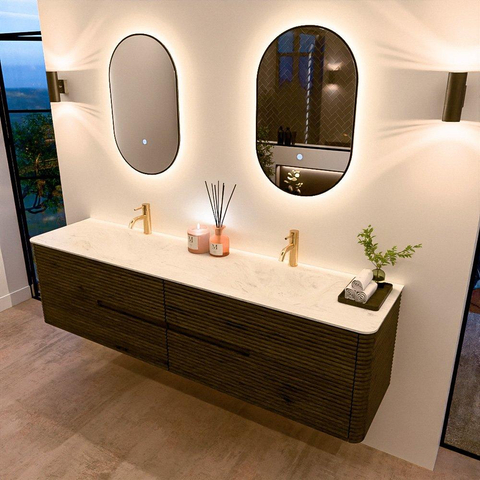 Mondiaz CIRO-DLUX Badkamermeubelset - 190x45x50cm - Solid surface wastafel Opalo - 2 wasbak Dubbel - 2 kraangaten - 4 lades - Shadow SW1532444