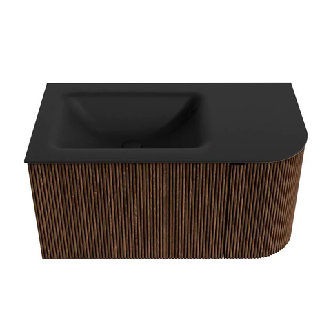 MONDIAZ KURVE 85cm badmeubel met module 25 R kleur Walnut met 1 lade en 1 deur. Wastafel CLOUD links 1 kraangat Urban. SW1138465