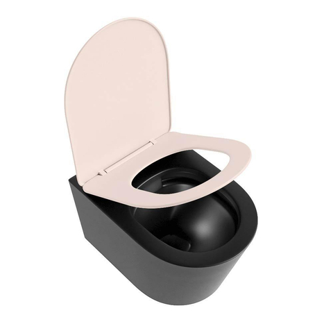 Mondiaz LAVIE hangtoilet – spoelrandloos – 36 x 53 cm – met softclose zitting – Urban (zwart), zitting Rosee (roze) SW1208693
