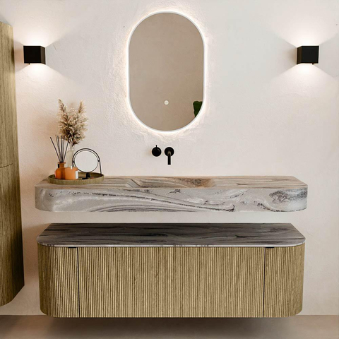 MONDIAZ THOR-DLUX 150cm meuble de salle de bains arrondi gauche + droite couleur Dusk avec 1 tiroir et 2 portes. Vasque suspendue CLOUD Milieu sans trou de robinet couleur Sombra. SW1464902