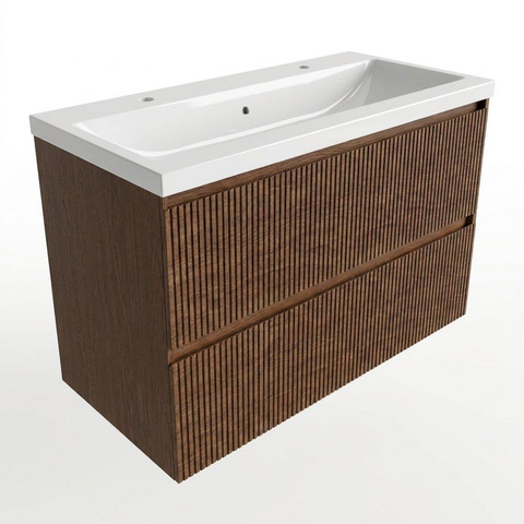 Saniclass Holz Atelier Badkamermeubelset - 100x45x63.5cm - Bari keramische wastafel wit - 1 wasbak - 2 kraangaten - 2 lades - mat walnut pure (hout) SW1478763