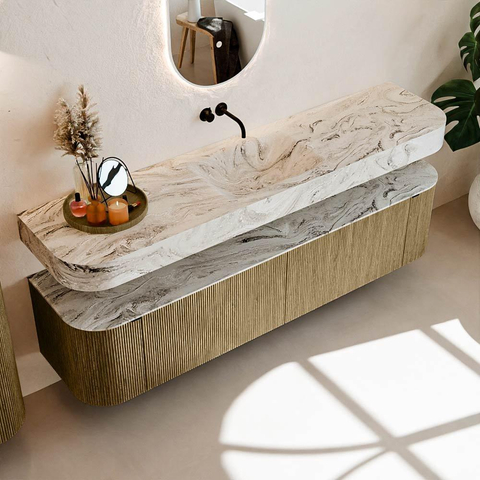 MONDIAZ THOR-DLUX Meuble de salle de bains 190cm arrondi gauche + droite couleur Dusk avec 2 tiroirs et 2 portes. Vasque suspendue CLOUD Milieu sans trou de robinet couleur Glace. SW1466443