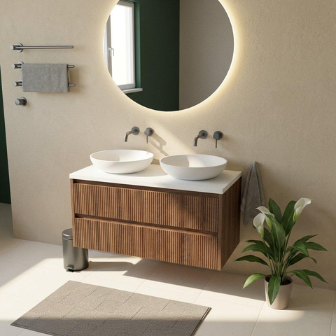 Saniclass Holz Atelier Ensemble de meubles de salle de bains - 120x45x62.5cm - plan de travail Torino en solid surface blanc - sans trou de robinet - 2 tiroirs - walnut pure mat (bois) SW1478713