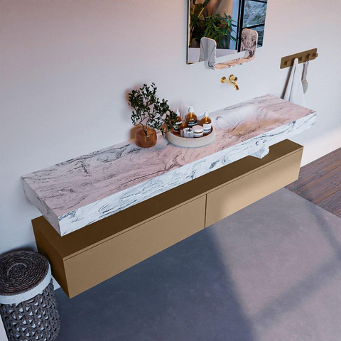 Mondiaz ALAN-DLUX Ensemble de meuble - 200cm - meuble Oro mat - 2 tiroirs - Lavabo Cloud Glace suspendu - vasque Droite - 0 trous de robinet SW806145