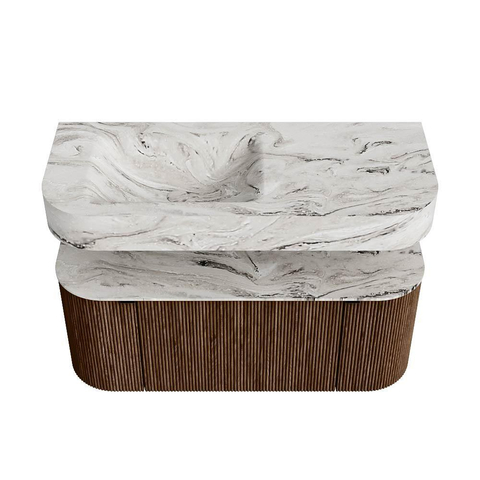 MONDIAZ THOR-DLUX 110cm badmeubel ronding links + rechts kleur Walnut met 1 lade en 2 deuren. Vrijhangende wastafel CLOUD Links 1 kraangat kleur Glace. SW1462792
