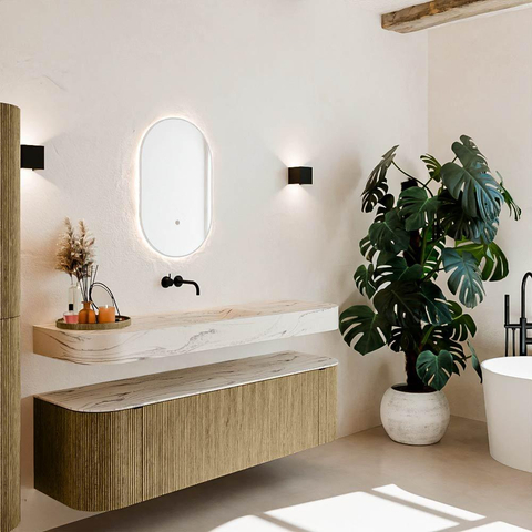MONDIAZ THOR-DLUX 160cm badmeubel ronding links + rechts kleur Dusk met 1 lade en 2 deuren. Vrijhangende wastafel CLOUD Midden zonder kraangat kleur Nata. SW1465258