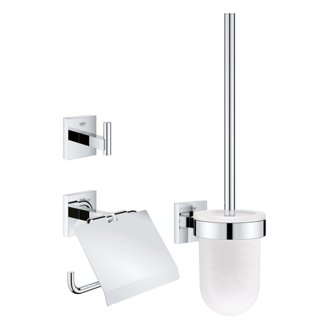 Grohe Start Cube set d'accessoires 3-en-1 - porte-rouleau de toilette - avec couvercle - crochet à serviette - avec ensemble de brosse de toilette - avec insert en verre - chrome SW878187