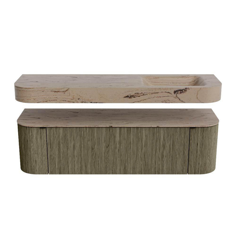 MONDIAZ THOR-DLUX 160cm meuble de salle de bains arrondi gauche + droite couleur Shadow avec 1 tiroir et 2 portes. Vasque suspendue CLOUD droite sans trou de robinet couleur Arena. SW1465154