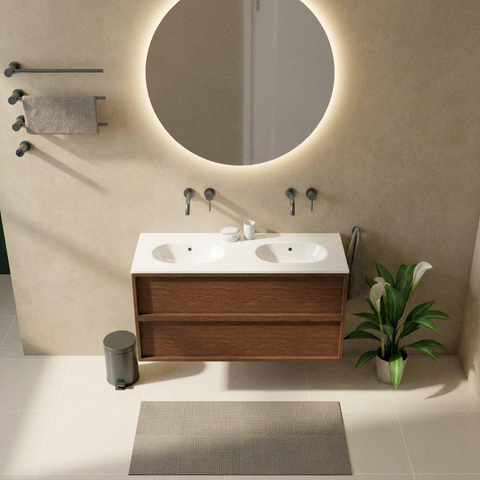 Saniclass Holz Frame Ensemble de meubles de salle de bains - 120x45x74cm - lavabo Chaci en céramique blanc - 2 vasques - sans trous de robinetterie - 2 tiroirs - walnut pure mat (bois) SW1579943