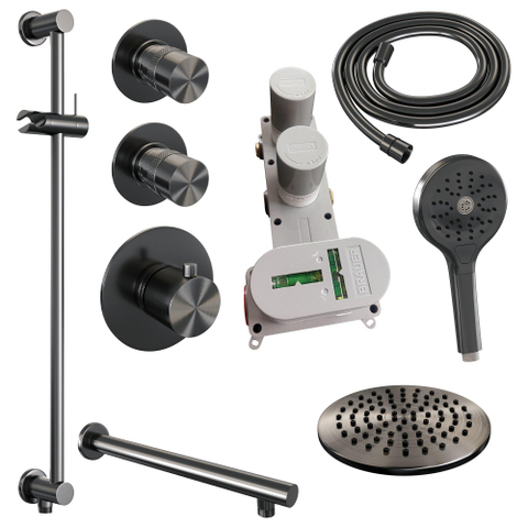 Brauer Gunmetal Edition Douche pluie thermostatique avec pommeau 20cm et bras mural 40cm et douchette Rond 3 jet flexible lisse avec coude mural Gunmetal brossé PVD SW715834