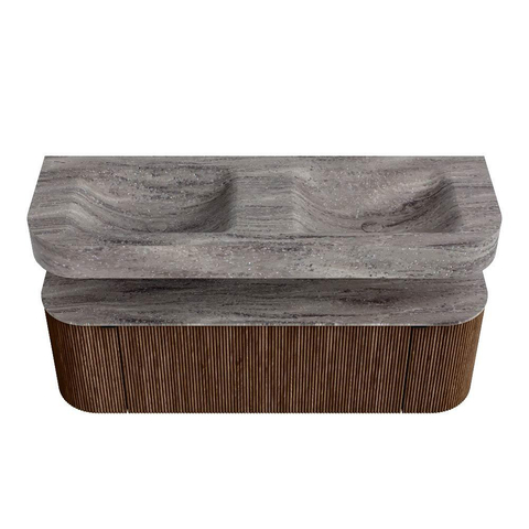 MONDIAZ THOR-DLUX 140cm badmeubel ronding links + rechts kleur Walnut met 1 lade en 2 deuren. Vrijhangende wastafel CLOUD Dubbel zonder kraangat kleur Oza. SW1464274