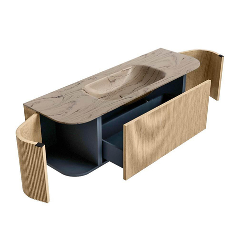 MONDIAZ KURVE-DLUX Meuble de salle de bains 140cm arrondi Gauche + Droite couleur Chêne avec 1 tiroir et 2 portes. Lavabo BIG SMALL Central 1 trou de robinet Arena. SW1431114