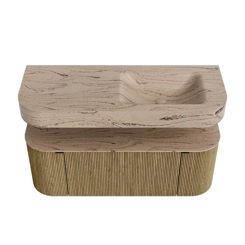 MONDIAZ THOR-DLUX 120cm meuble de salle de bains arrondi gauche + droite couleur Dusk avec 1 tiroir et 2 portes. Vasque suspendue CLOUD droite sans trou de robinet couleur Arena. SW1463408