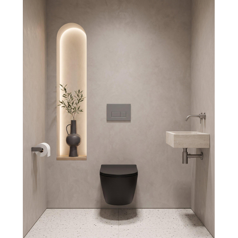 QeramiQ Dely Toiletset - 36.3x51.7cm - Geberit UP720 inbouwreservoir - rimless - diepspoel - 35mm zitting - softclose - bedieningsplaat licht grijs - rechthoekige knoppen - mat zwart SW1427992