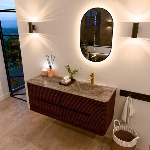 Mondiaz CIRO-DLUX Meuble de salle de bains - 130x45x50cm - Plan vasque Solid surface Oza - 1 vasque à droite - 1 trou de robinet - 4 tiroirs - Ruby SW1532141